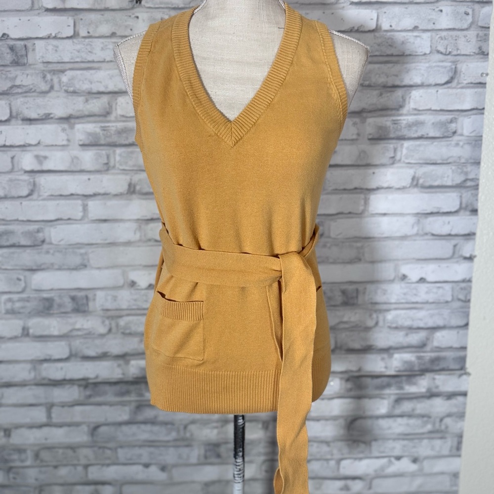 V-Neck Mustard Knit Sweater Top with Belt